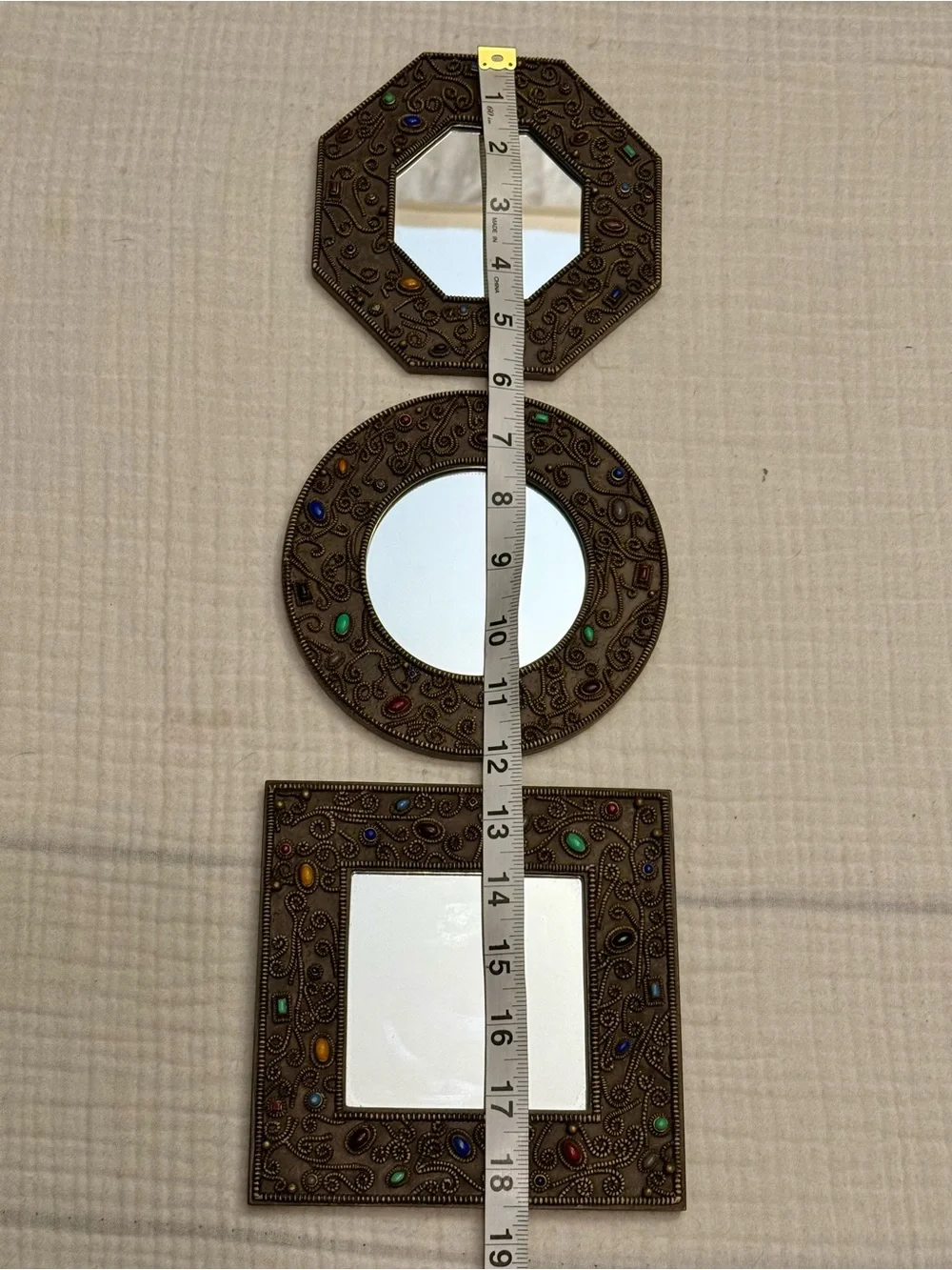 Ornate Bronze Tuscan Multicolor Faux Beaded Accent Decor Wall Mirrors Set Of 3